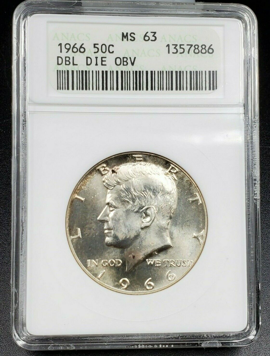 1966 P KENNEDY HALF DOLLAR ANACS MS63 FS-101 FS-013.8 Double Die OBV DDO Variety