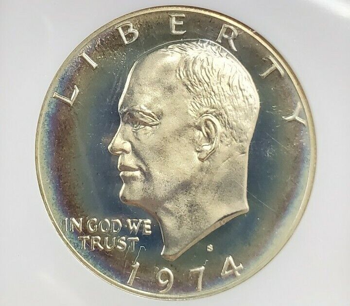 1974 S IKE Eisenhower Dollar Silver NGC PF69 Cameo PQ * Rainbow Toning