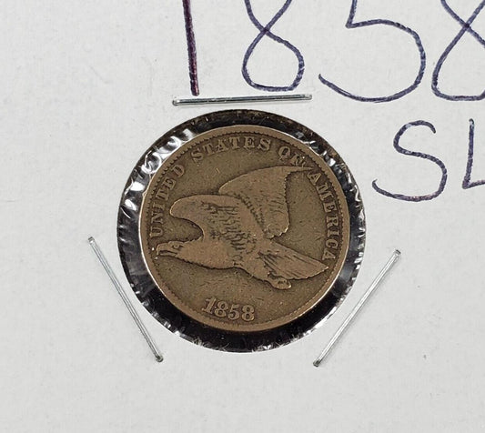 1858 SL Flying Eagle Cent Penny Choice Fine Reverse Struck Thru Grease Error
