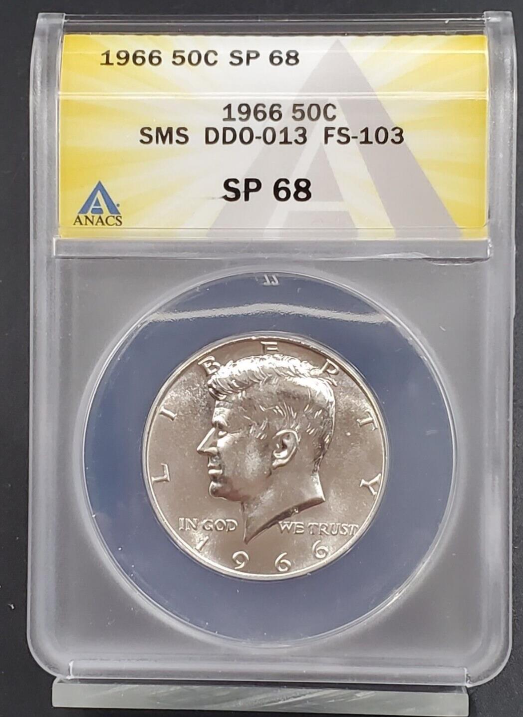 1966 P SMS Kennedy Half Dollar Coin ANACS SP68 Variety DDO-013 FS-103 TOP POP