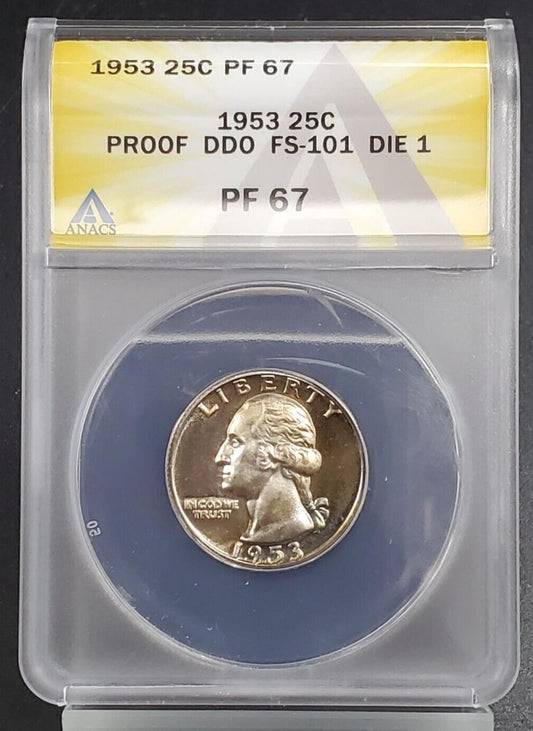 1953 P 25c Washington Silver Quarter Coin Proof 67 DDO FS-101 DIE 1 ANACS TONER