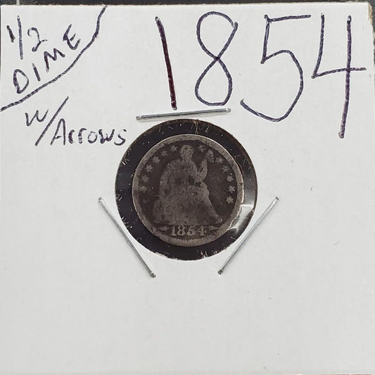 1854 Liberty Seated Half Dime Coin Full Date Circ AG /G Details W Arrows Variety