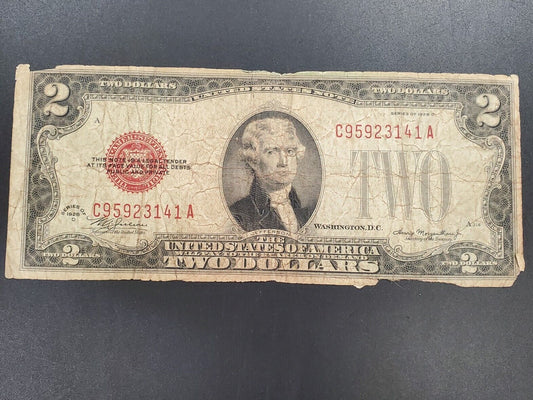 1928 $2 D Legal Tender Note Bill Red Seal United States Currency AG About Good