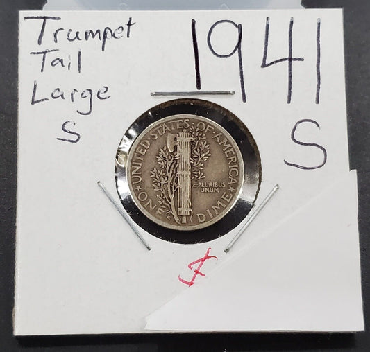 1941 S Mercury Dime Silver Coin Large S Trumpet Tail Variety Circ Very Fine VF