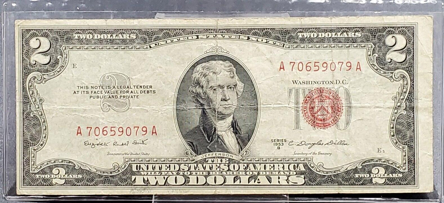 1953 B $2 United States Currency Legal Tender Note Red Seal Good / VG