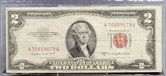 1953 B $2 United States Currency Legal Tender Note Red Seal Good / VG