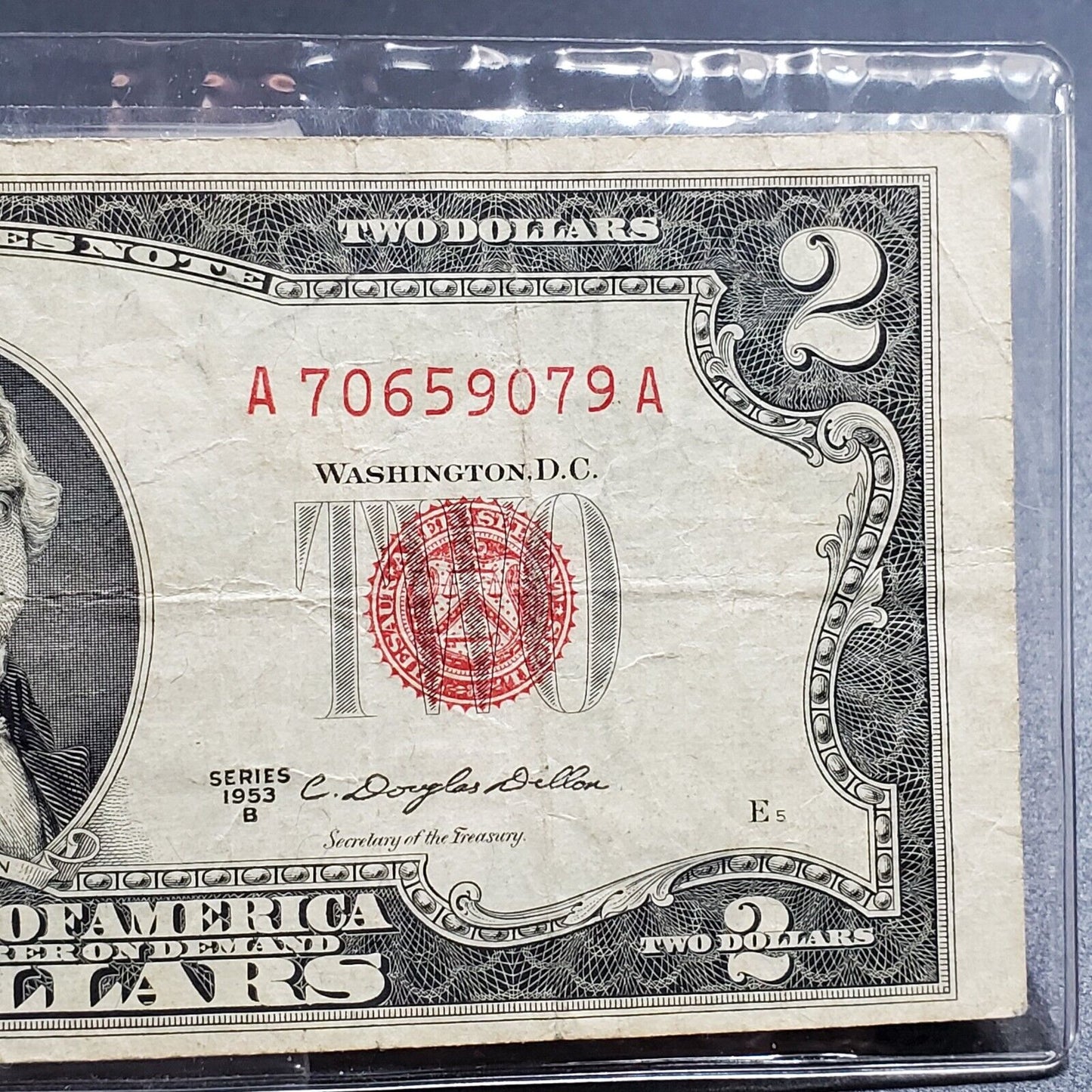 1953 B $2 United States Currency Legal Tender Note Red Seal Good / VG