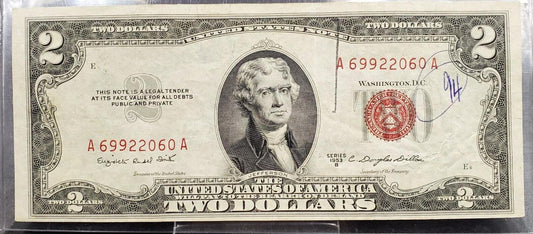 1953 B $2 United States Currency Legal Tender Note Red Seal Repeat Serial Number