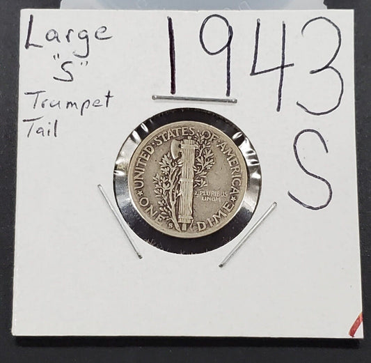 1943 S Mercury Dime Silver Coin Variety Circulated Large S Trumpet Tail Variety