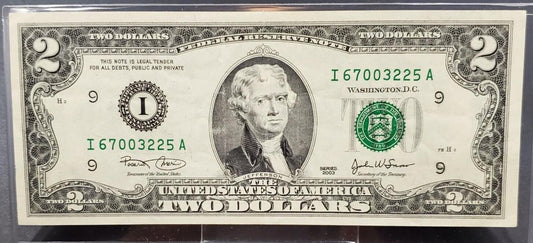 2003  $2 FRN FEDERAL RESERVE NOTE BILL CHOICE Circulated AU About UNC Repeater