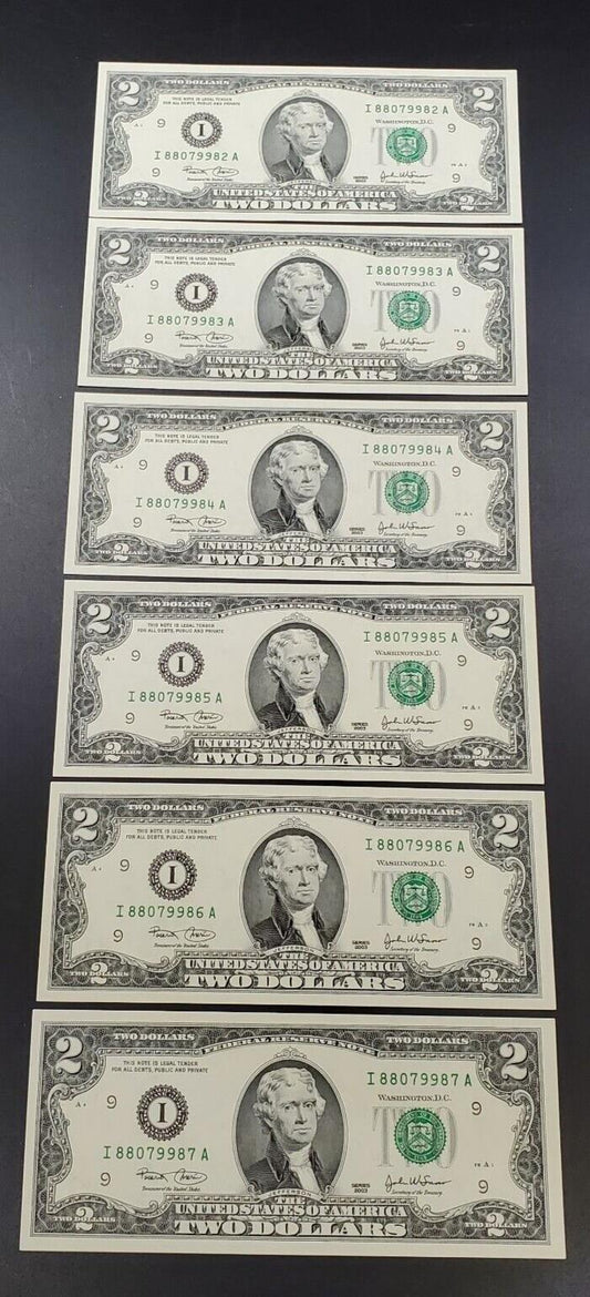 6 Consecutive $2 2003 FRN FEDERAL RESERVE NOTE Uncirculated Repeat Serial