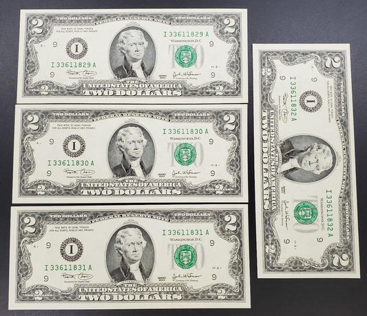 4 CONSECUTIVE $2 2003 FRN FEDERAL RESERVE NOTE CH UNC Two Dollar Bill Green Seal