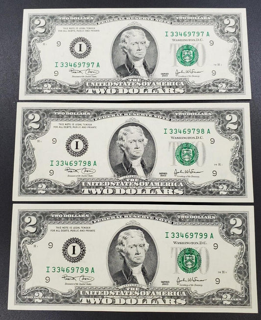 3 CONSECUTIVE $2 2003 FRN FEDERAL RESERVE NOTE UNC Two Dollar Bill Green Seal