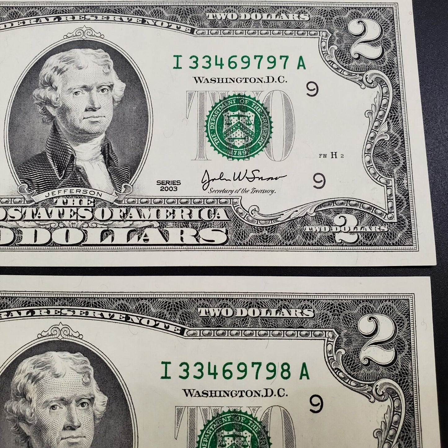 3 CONSECUTIVE $2 2003 FRN FEDERAL RESERVE NOTE UNC Two Dollar Bill Green Seal