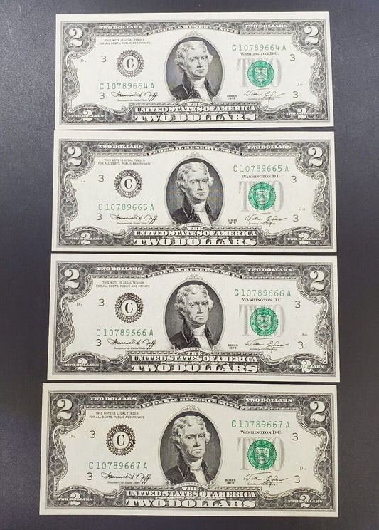 4 consecutive Note Lot 1976 $2 Bicentennial Bill Green Seal Federal Reserve Note