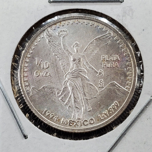 1994 Mexico Libertad  1/10 ounce Silver Coin  Pure Silver .999 Neat Toning Toner