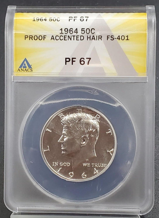 1964 P Kennedy Proof Half Silver Dollar Coin PF67 Accented Hair FS-401 ANACS #A