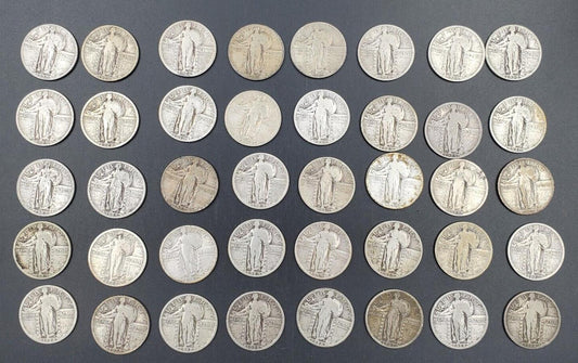 1925-30 P Standing Liberty 90% SILVER Quarter Roll 40 Coins VG+ Full Rims