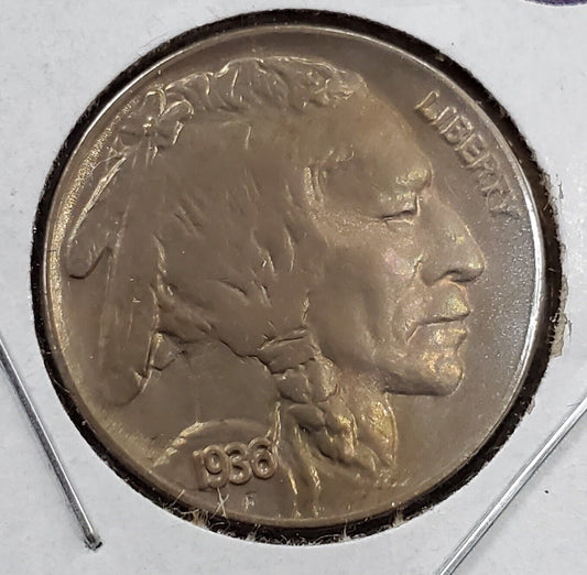 1936 P 5c Nickel Coin AU About UNC w/ Die Chip Variety on Buffalo - Big ear !