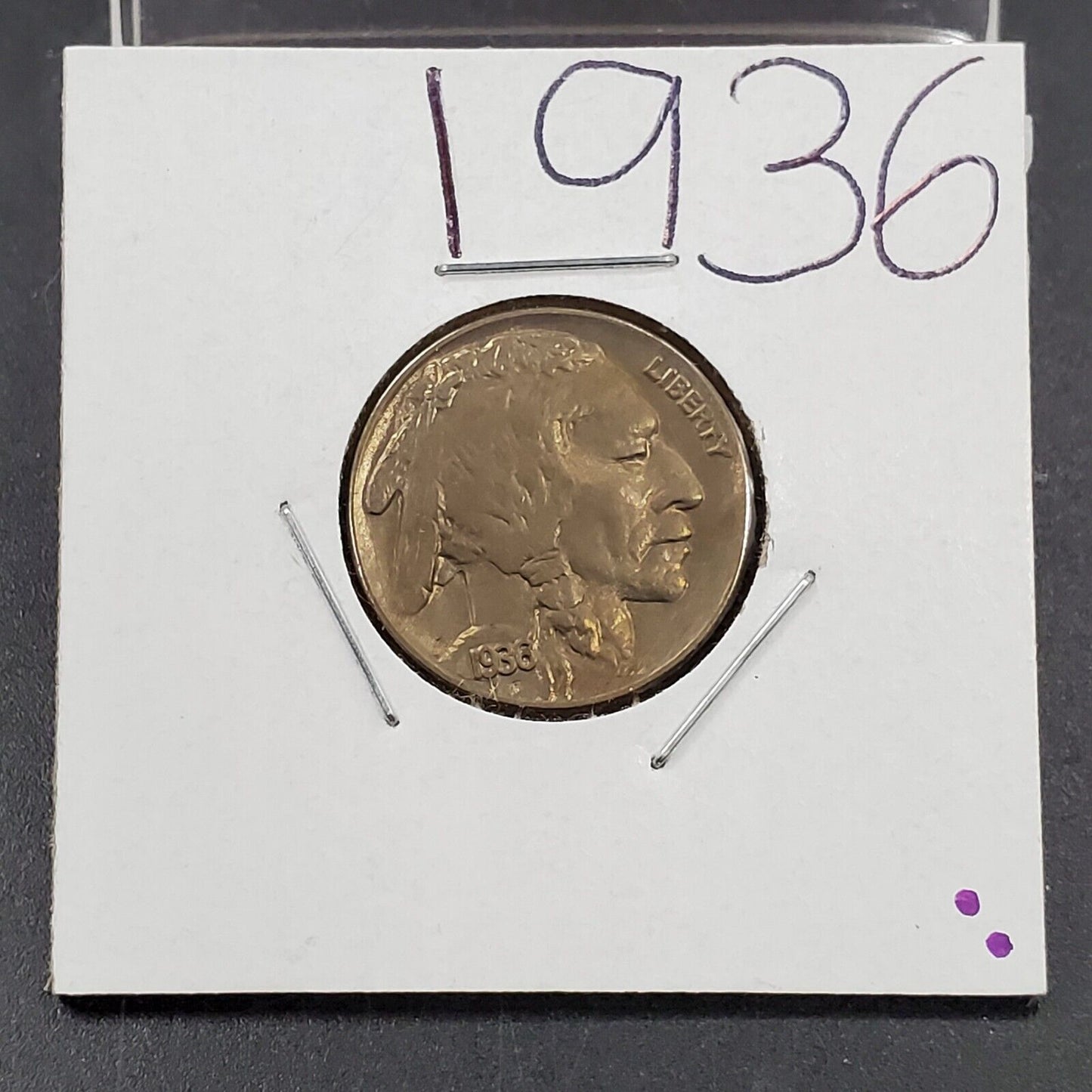 1936 P 5c Nickel Coin AU About UNC w/ Die Chip Variety on Buffalo - Big ear !