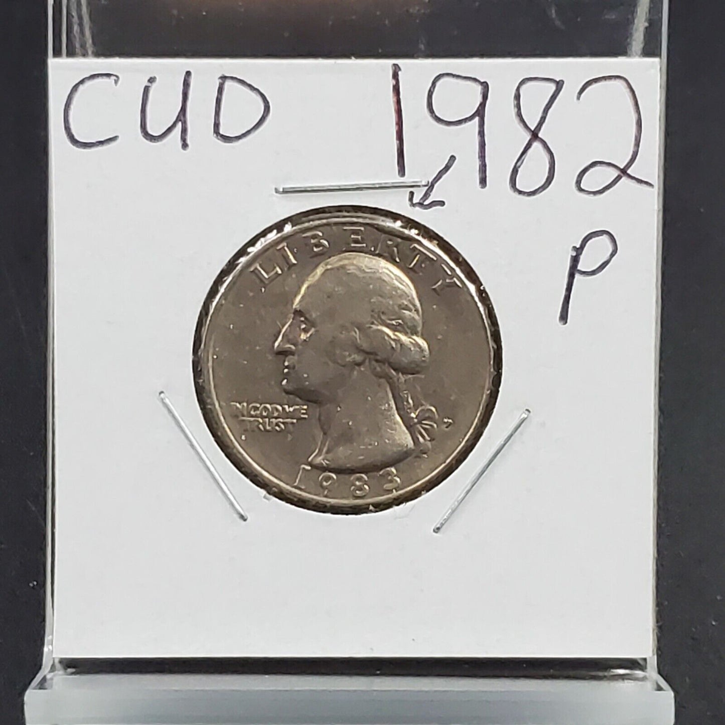 1982 P Washington Quarter Clad 25c Coin CUD Error obverse - VF / XF Circ