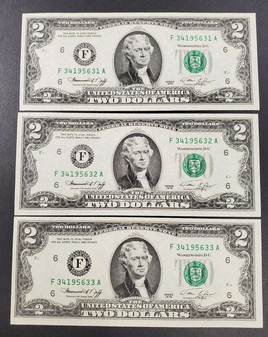 3 consecutive Note Lot 1976 $2 CH UNC Bicentennial Bill Federal Reserve Note #BB