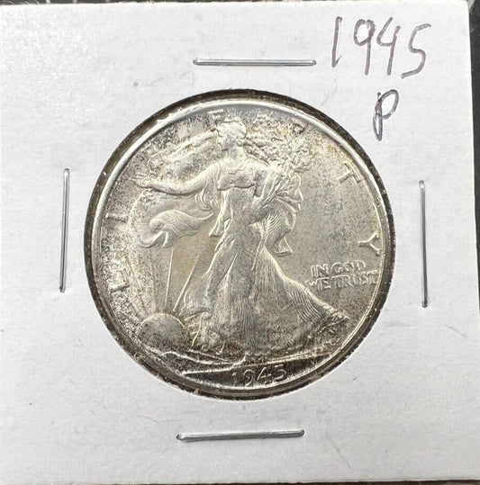 1945 P Walking Liberty Silver Half Dollar Coin BU UNC Neat Toning Toner