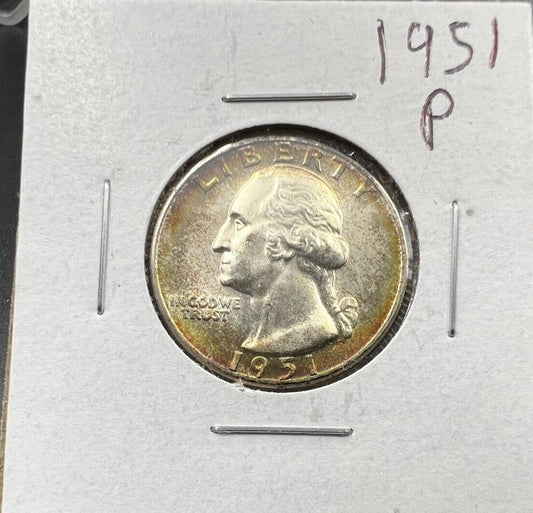 1951 P 25c Washington Quarter Coin Choice BU UNC Nice Toning Toner Green Amber