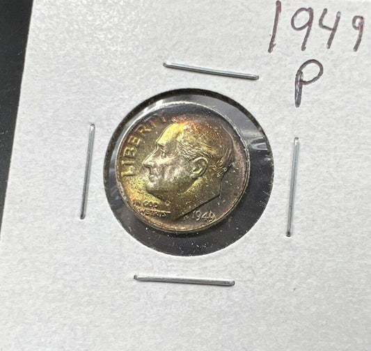 1949 P Roosevelt Silver Dime Coin Toning Toner Rainbow PQ * Choice BU UNC NICE