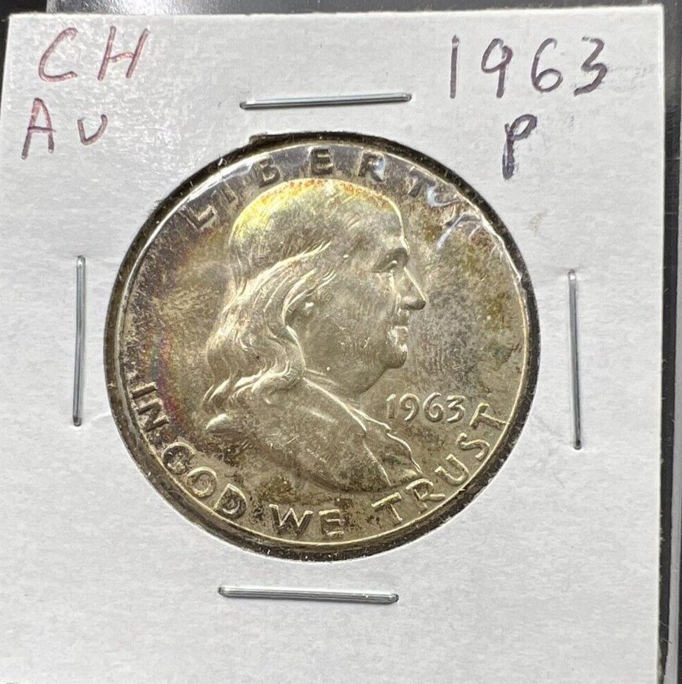 1963 P Franklin Silver Half Dollar Coin AU ABOUT UNC Neat Toning Toner