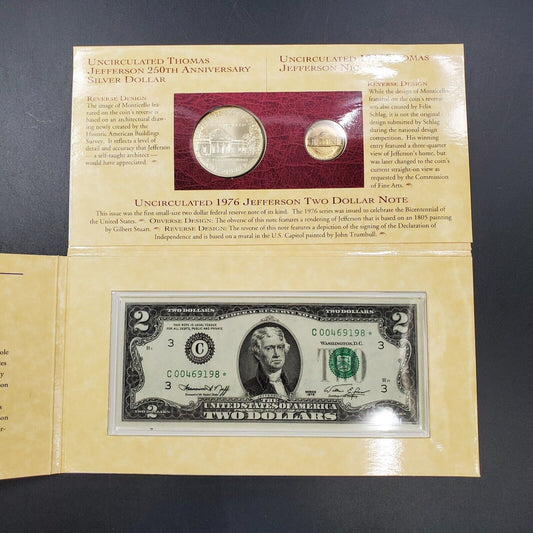 1993 Thomas Jefferson Coinage and Currency Set Silver Dollar Nickel $2 Star Bill