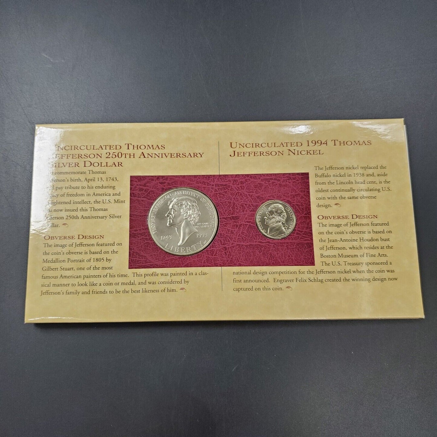 1993 Thomas Jefferson Coinage and Currency Set Silver Dollar Nickel $2 Star Bill