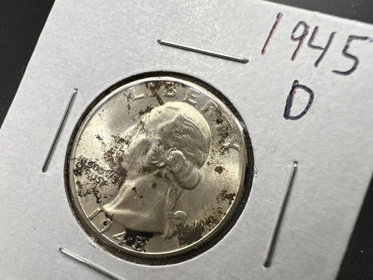 1945 D 25c Washington Quarter Coin Choice BU UNC Toner Die Crack on bust
