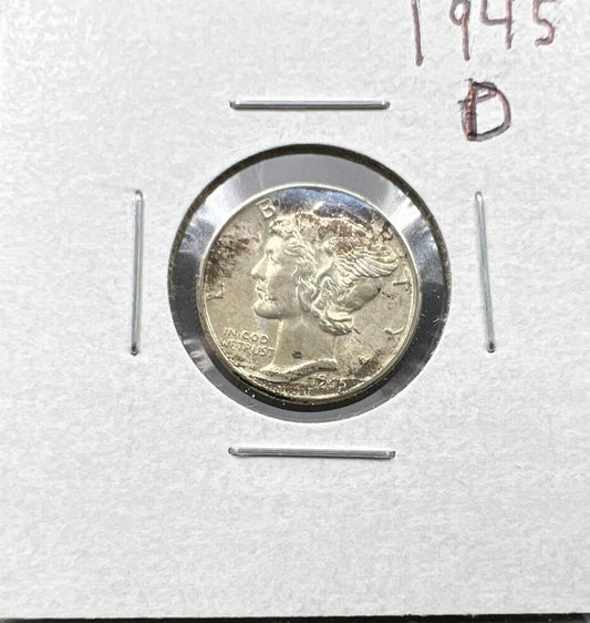 1945 D Mercury Silver Dime Coin BU UNC Neat Toning
