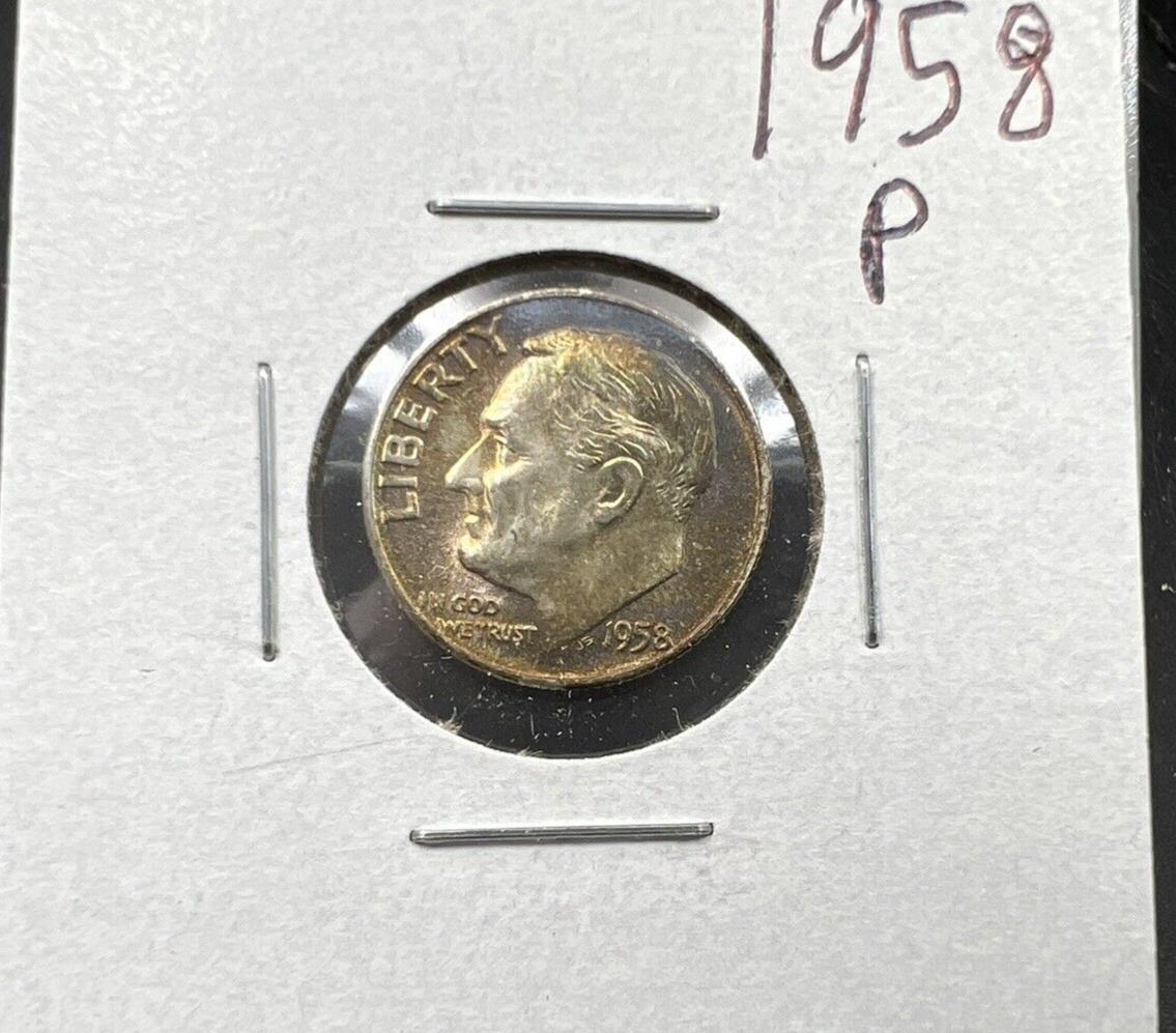 1958 P Roosevelt Silver Dime Coin BU UNC Nice Toning Toner