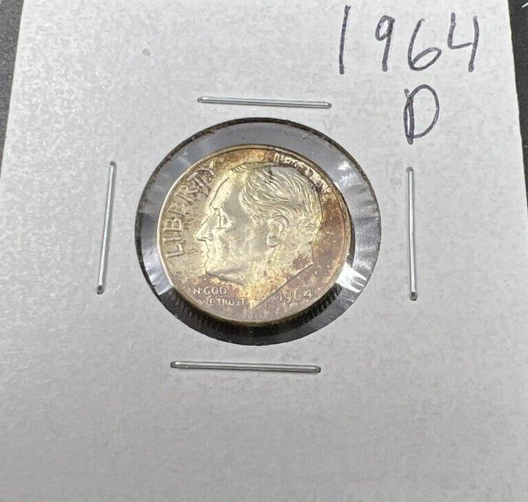 1964 D 10c Roosevelt Silver Dime Coin BU UNC Neat Toning Toner Amber