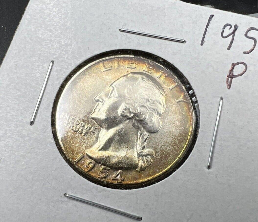 1954 P 25c Washington Quarter Coin Choice BU UNC Nice Toning Toner Amber