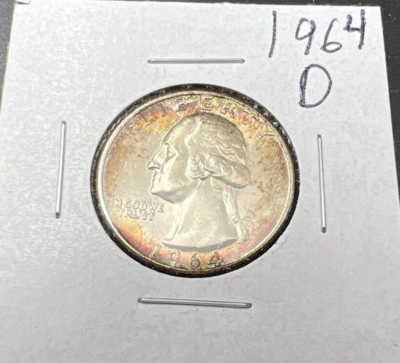 1964 D 25c Washington Quarter Coin BU UNC Neat Toning Toner