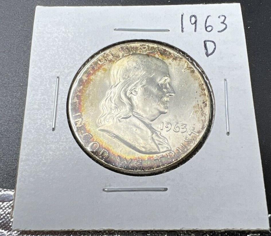 1963 D Franklin Silver Half Dollar Coin BU UNC Nice Toning Toner OBV