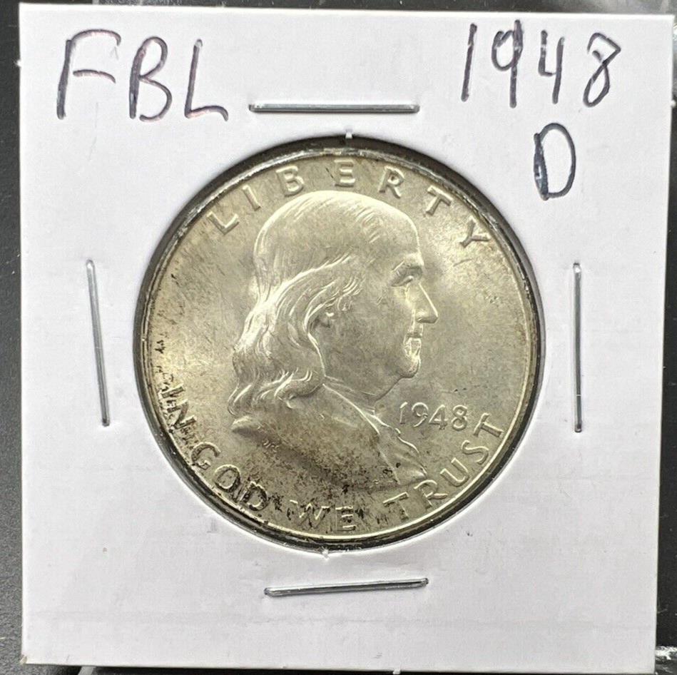 1948 D Franklin Silver Half Dollar Coin Choice BU UNC FBL Full Bell Line