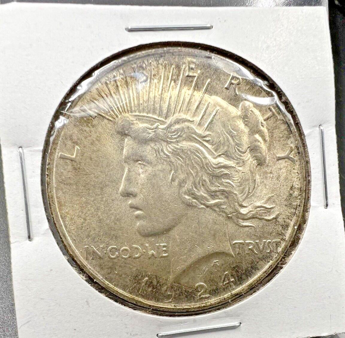 1924 P Peace 90% Silver Eagle Dollar Coin Choice AU About UNC Neat Toning Toner