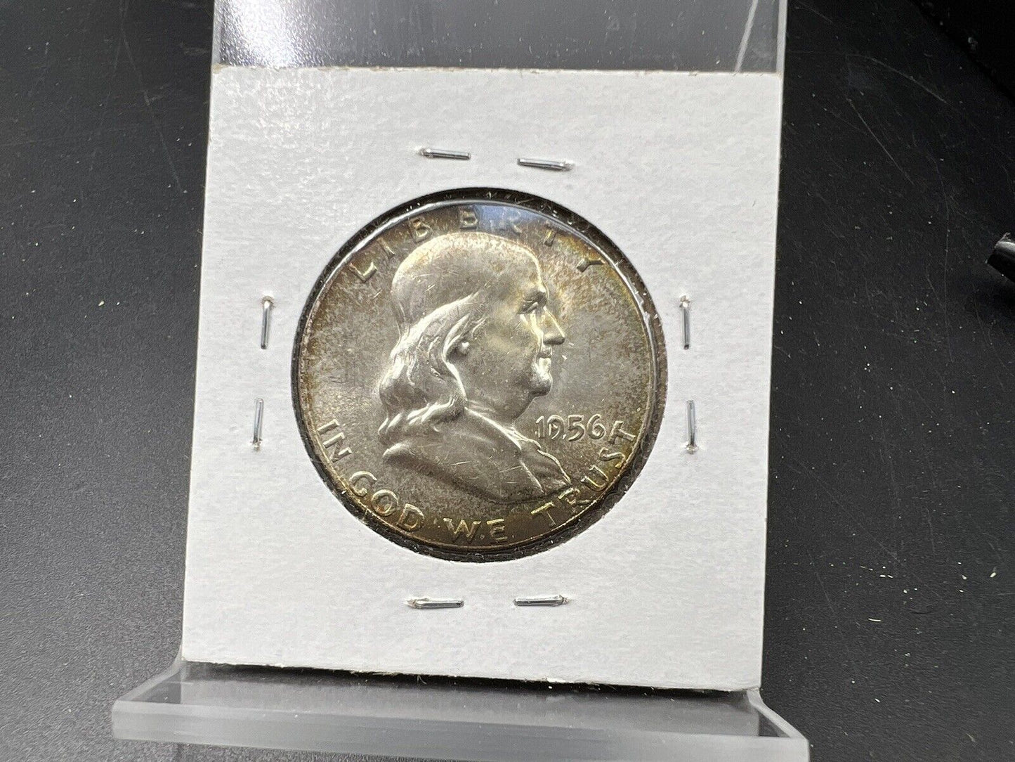 1956 P Franklin Silver Half Dollar Coin BU UNC PQ Rainbow Toning Reverse