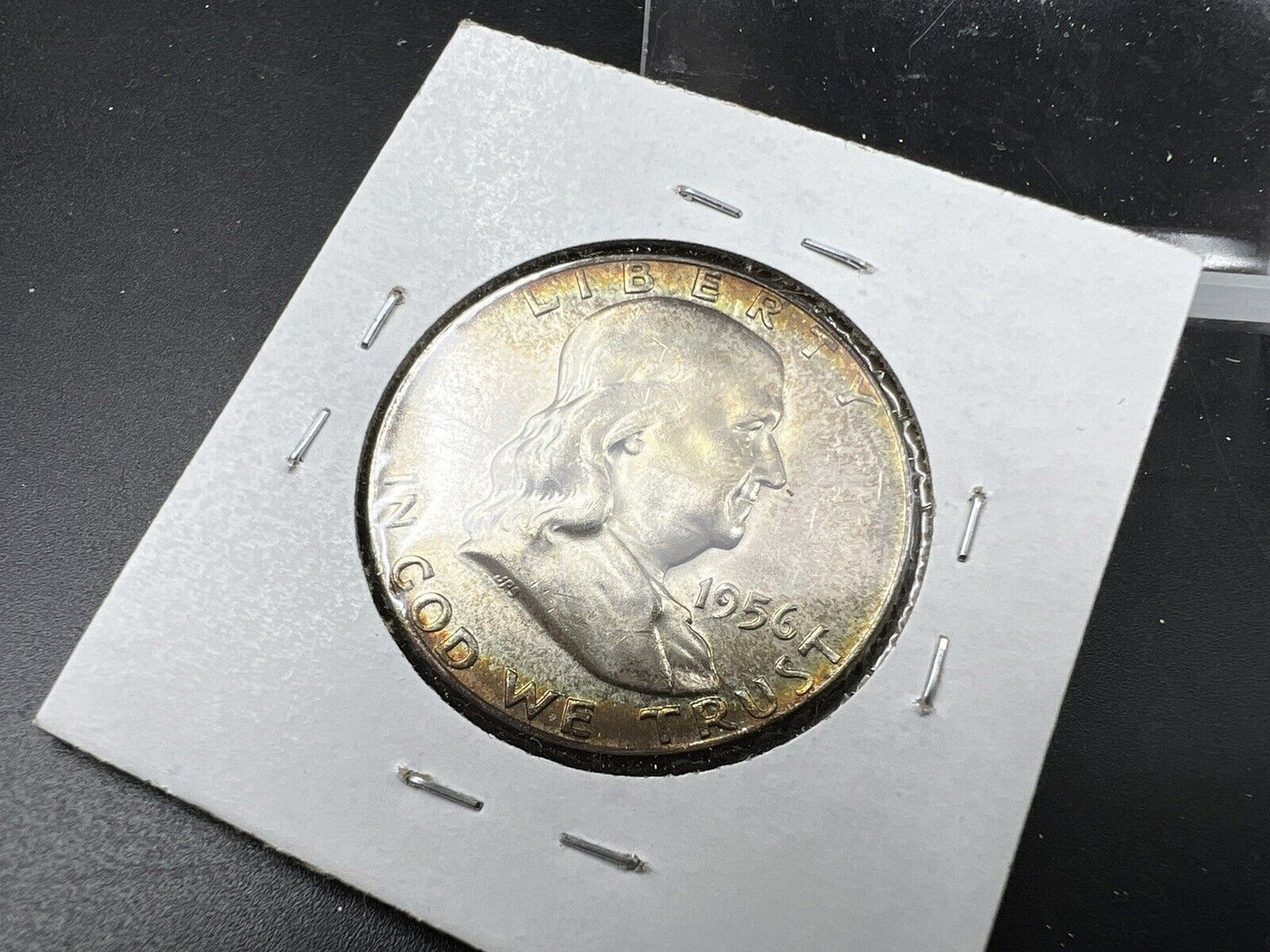1956 P Franklin Silver Half Dollar Coin BU UNC PQ Rainbow Toning Reverse