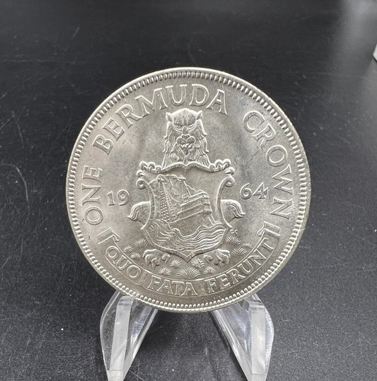 Silver 1964 One Bermuda Crown, 50% Silver 1 Crown Coin Lion Shield KM #14 GEM BU