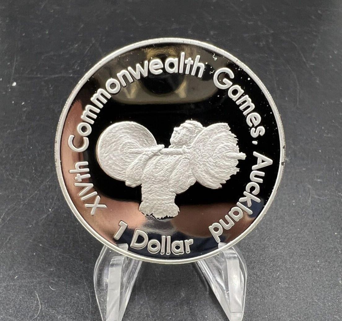 1989 Auckland commonwealth games gem proof New Zealand silver coin Weight Lifter