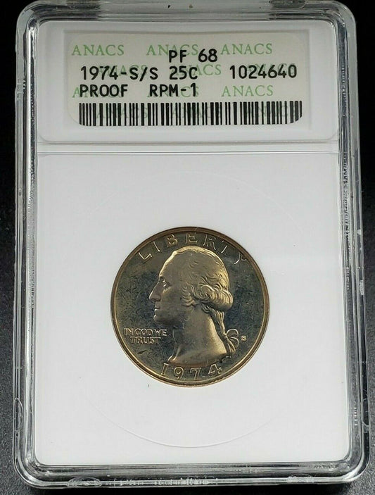 1974 S S/S Washington Quarter Variety Proof Coin RPM 001 DMR-004 PF68 Cam ANACS