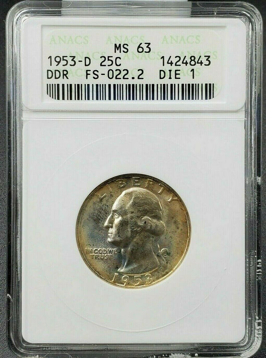 1953 D 25c Washington Silver Quarter Coin MS63 DDR FS-022.2 FS-801 Toner ANACS