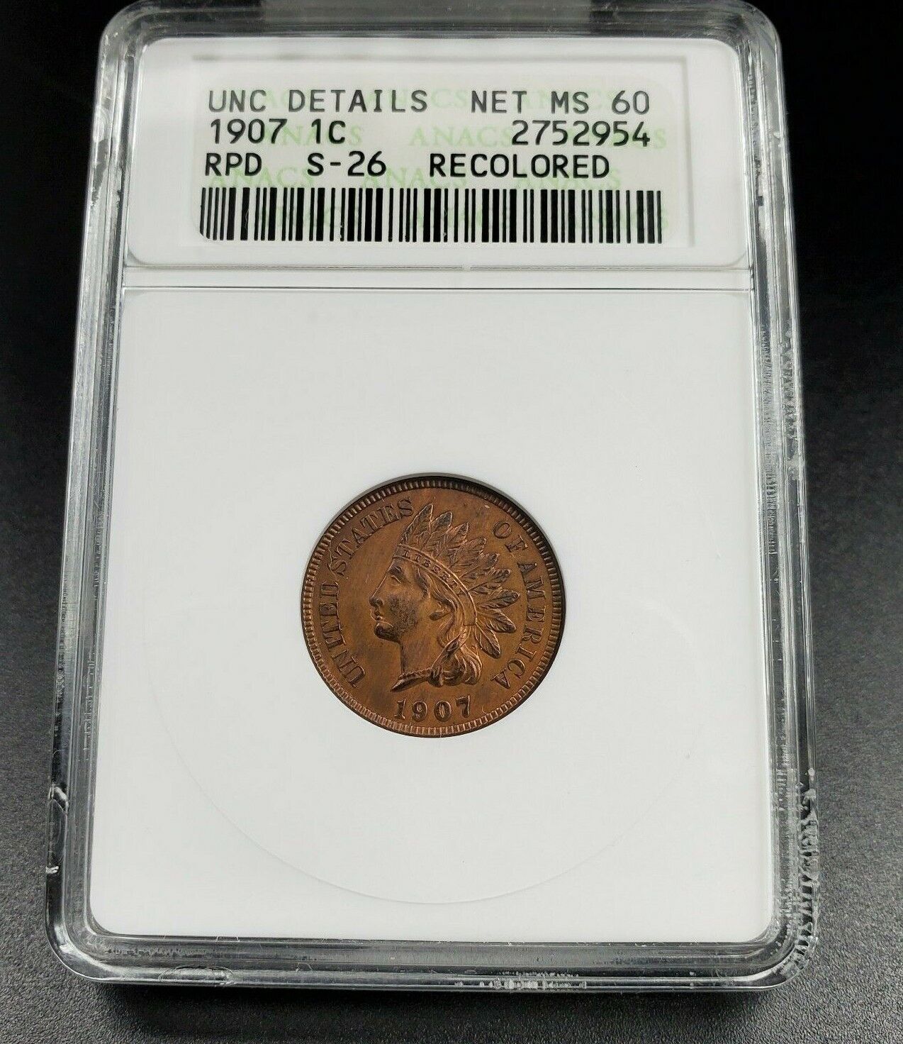 1907 P Indian Cent Penny Coin ANACS Unc Details RPD S-26 Repunched Date
