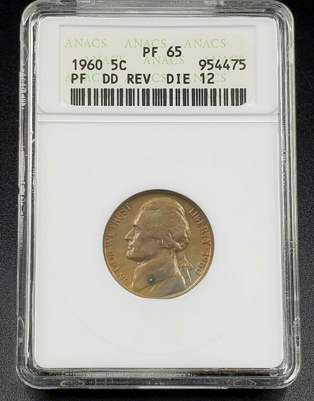 1960 Proof Jefferson Nickel ANACS PF65 DDR Double Die Reverse DDR 012 DMR-030