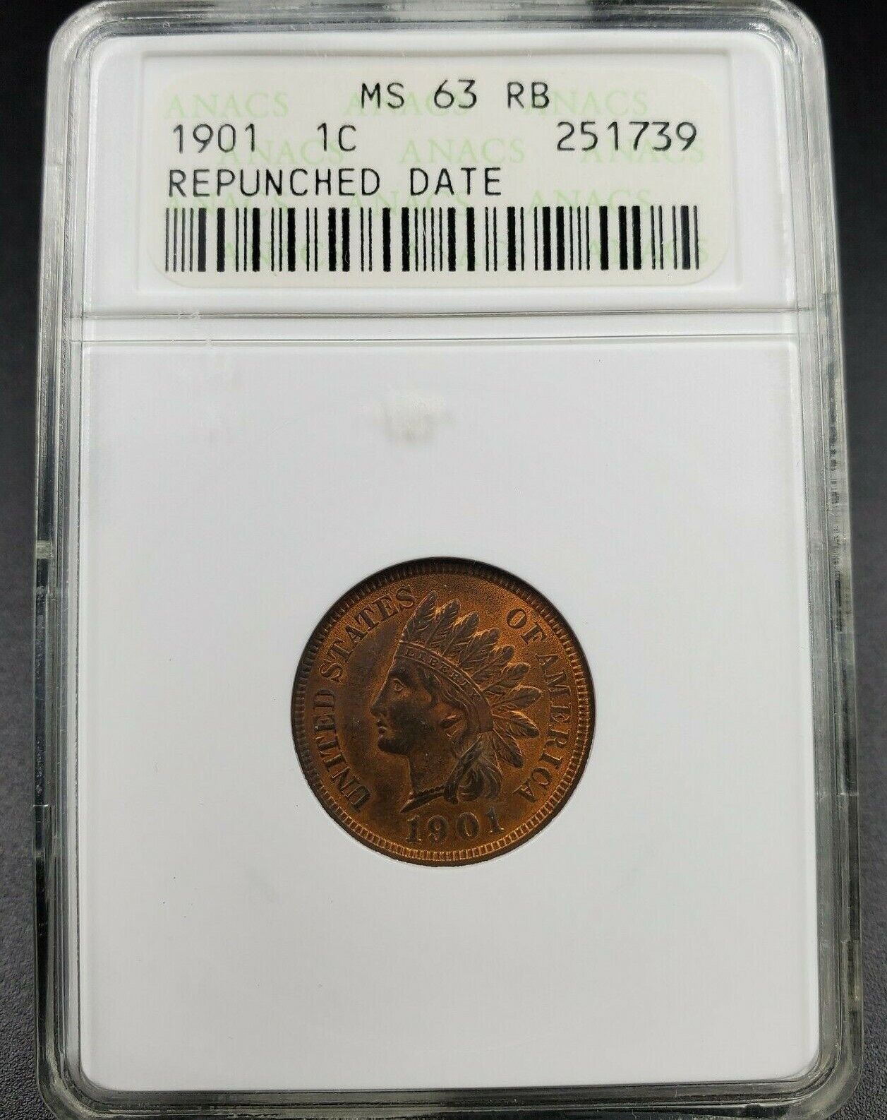 1901 P Indian Cent Penny Error ANACS MS63 RB Red Brown RPD Repunched Date 19/1
